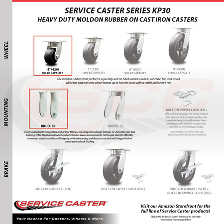 Service Caster 4 Inch Rubber on Steel Caster Set with Roller Bearings 2 Brakes 2 Rigid SCC SCC-30CS420-RSR-TLB-2-R420-2